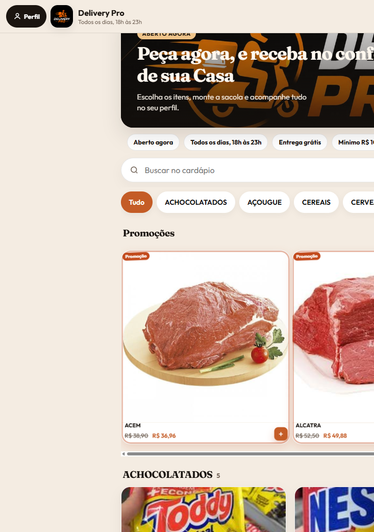 Tela real da loja WB Sistemas com cardápio, promoções e sacola